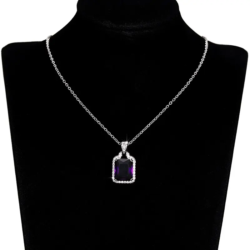Huitan Charming Square Purple CZ Necklace Women for Engagement Wedding Accessories Sparkling Cubic Zirconia Luxury Neck Jewelry