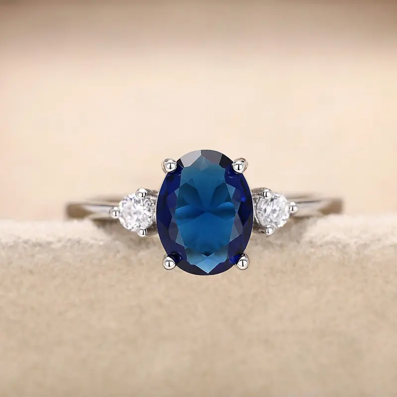Huitan Elegant Oval Blue Cubic Zirconia Women Rings Wedding Anniversary Party Luxury Accessories for Lady Gift Statement Jewelry