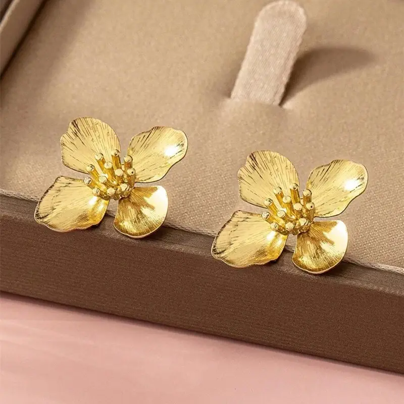 Huitan Gold Color Metal Flower Earrings for Women Wedding Party Exquisite  Accessories Simple Stylish Anniversary Jewelry Gift