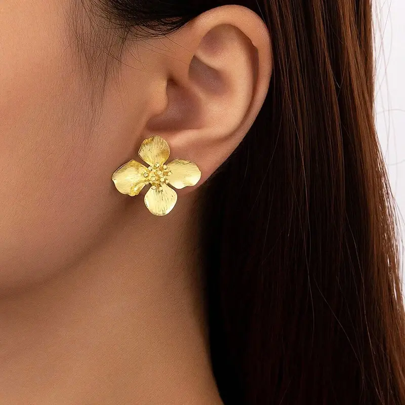 Huitan Gold Color Metal Flower Earrings for Women Wedding Party Exquisite  Accessories Simple Stylish Anniversary Jewelry Gift