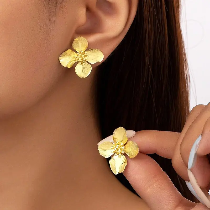 Huitan Gold Color Metal Flower Earrings for Women Wedding Party Exquisite  Accessories Simple Stylish Anniversary Jewelry Gift