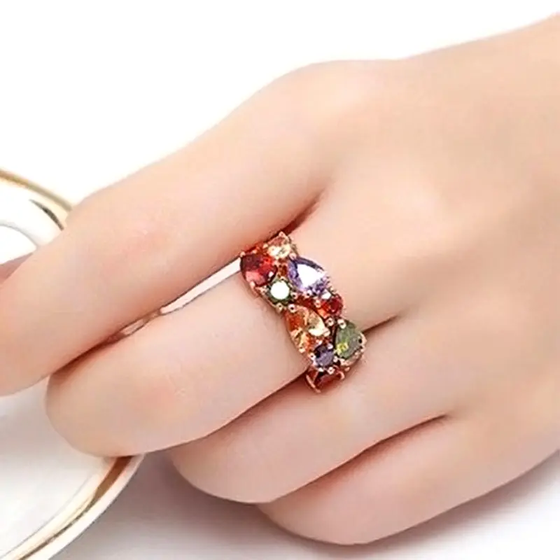 Huitan Colorful Aesthetic Ring Female Bright Zirconia Finger Jewelry for Engagement Ceremony Party Gorgeous Fancy Accessories