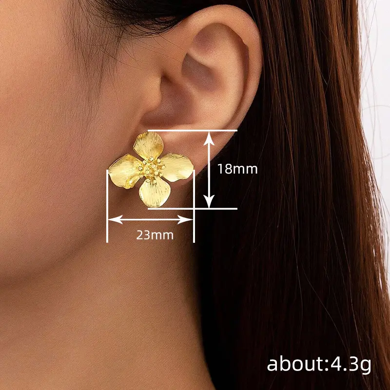 Huitan Gold Color Metal Flower Earrings for Women Wedding Party Exquisite  Accessories Simple Stylish Anniversary Jewelry Gift
