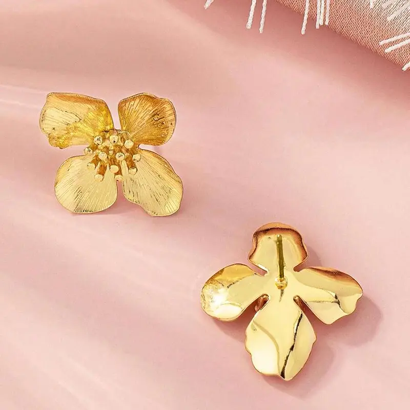 Huitan Gold Color Metal Flower Earrings for Women Wedding Party Exquisite  Accessories Simple Stylish Anniversary Jewelry Gift