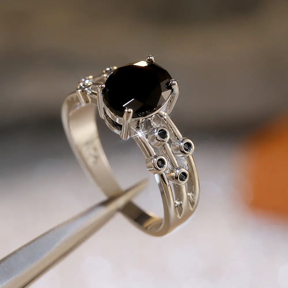 Huitan Black Stone Women Ring Fashion Three Rows for Dancing Party Accessories Match Black Dress Girl Gift Wholesale Lots&Bulk