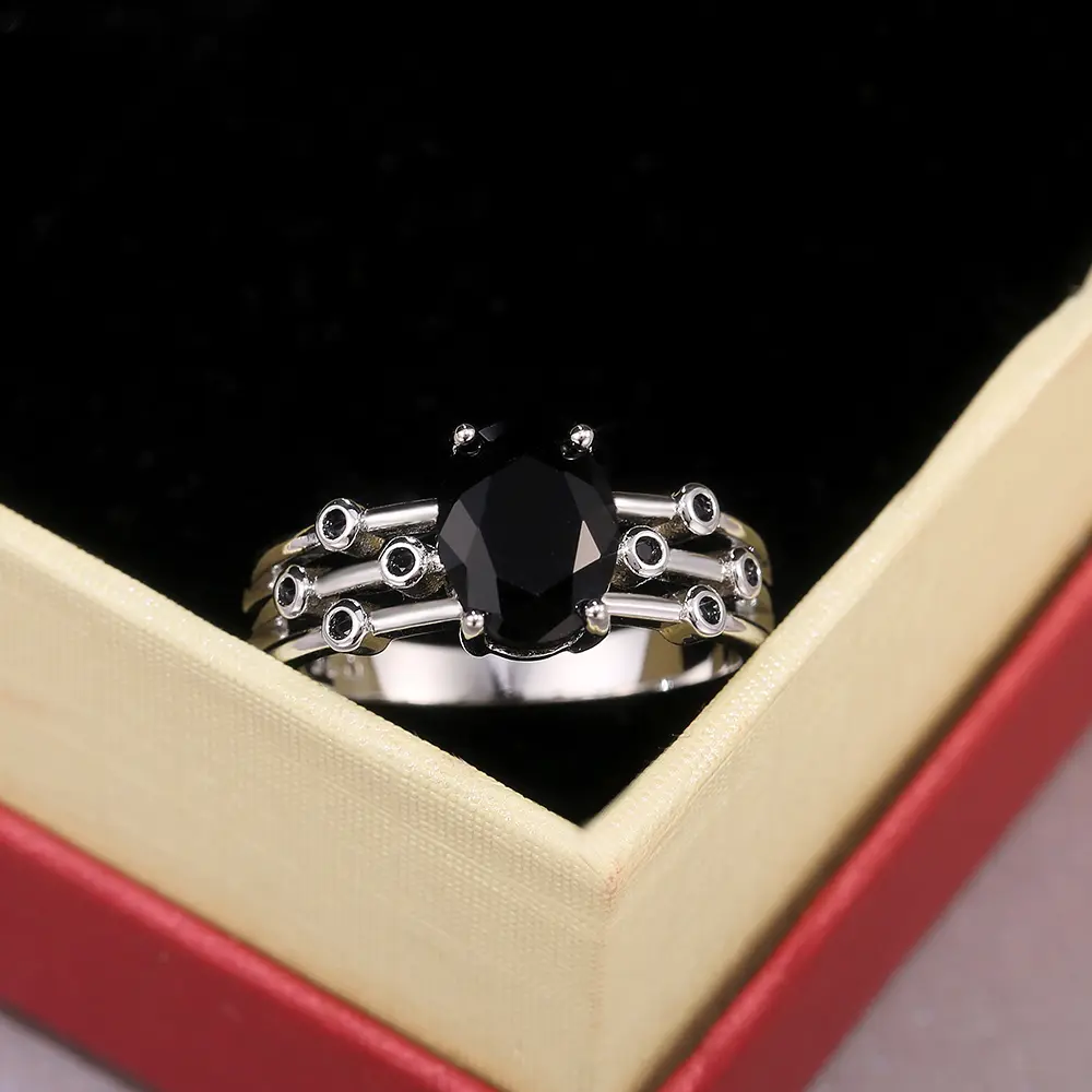 Huitan Black Stone Women Ring Fashion Three Rows for Dancing Party Accessories Match Black Dress Girl Gift Wholesale Lots&Bulk