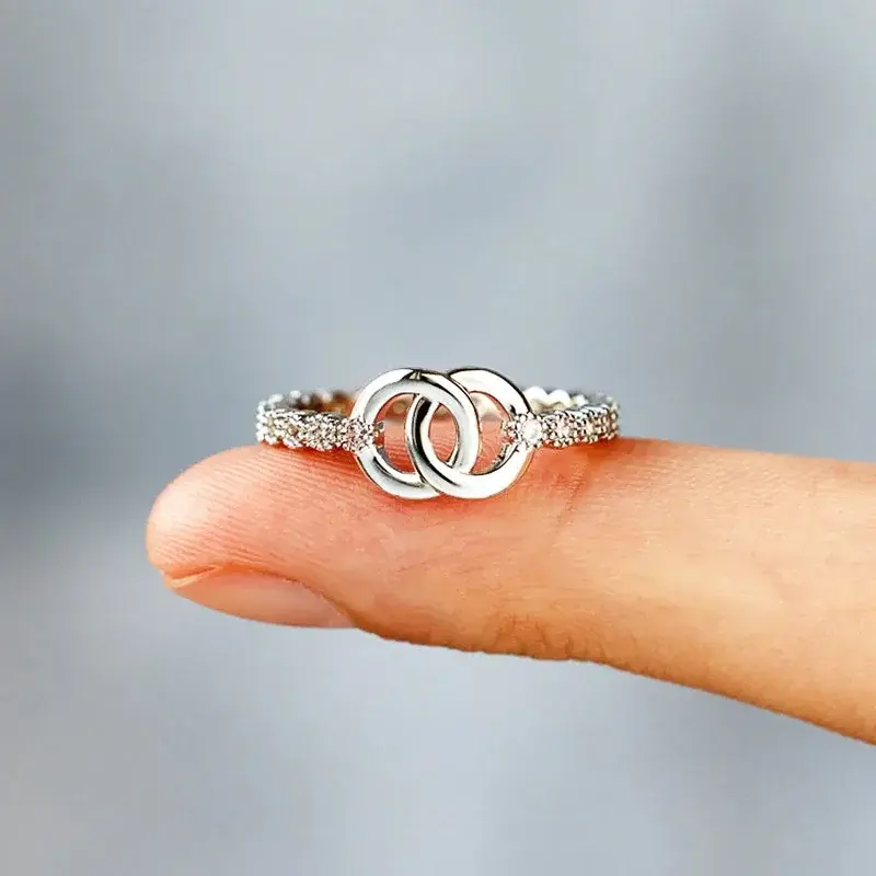 Huitan Delicate Silver Color Double Round Circle Linked Design Ring for Women Daily Party Wedding Trendy  Accessories Jewelry