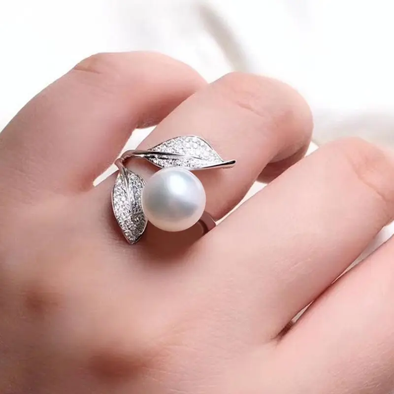 Huitan Newly Designed Imitation Pearl Leaf Rings for Women Silver Color Fashionable Female Rings Wedding Party Sweet Jewelry