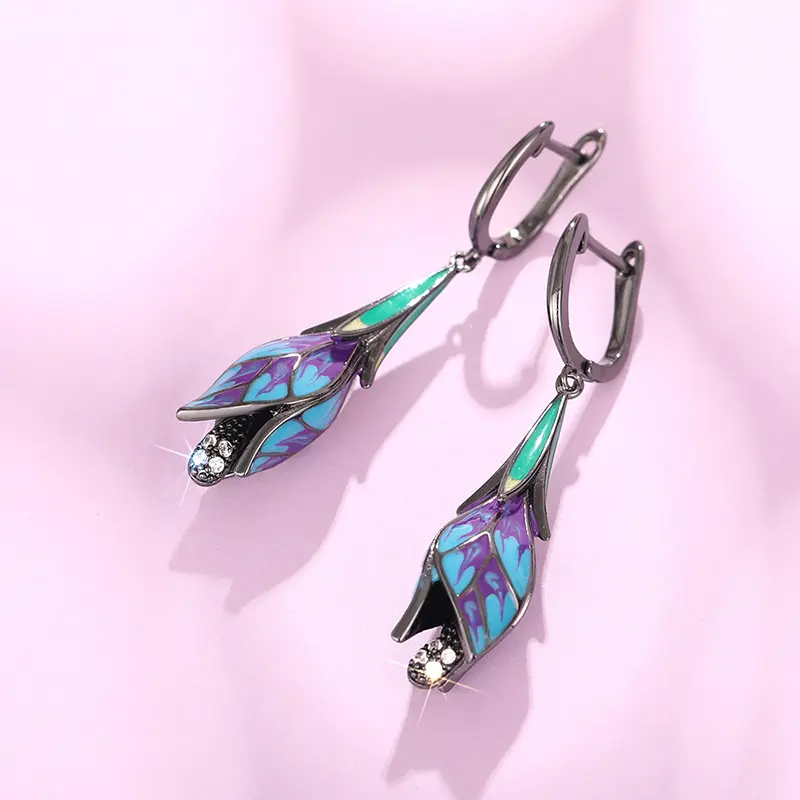 Huitan Charming Black Tulip Flower Dangle Earrings for Women Personality Accessories Wedding Party Newly Designed Trendy Jewelry