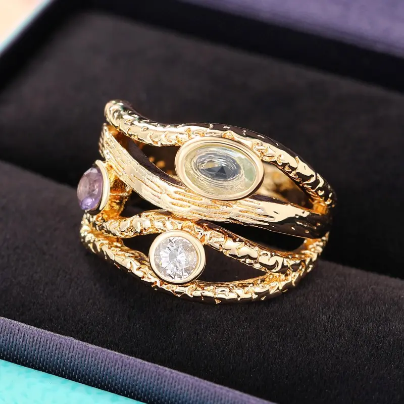 Huitan Special-interested Gold Color Rings with Geometric Colored Stone Newly Designed Women Finger Rings for Party Chic Jewelry