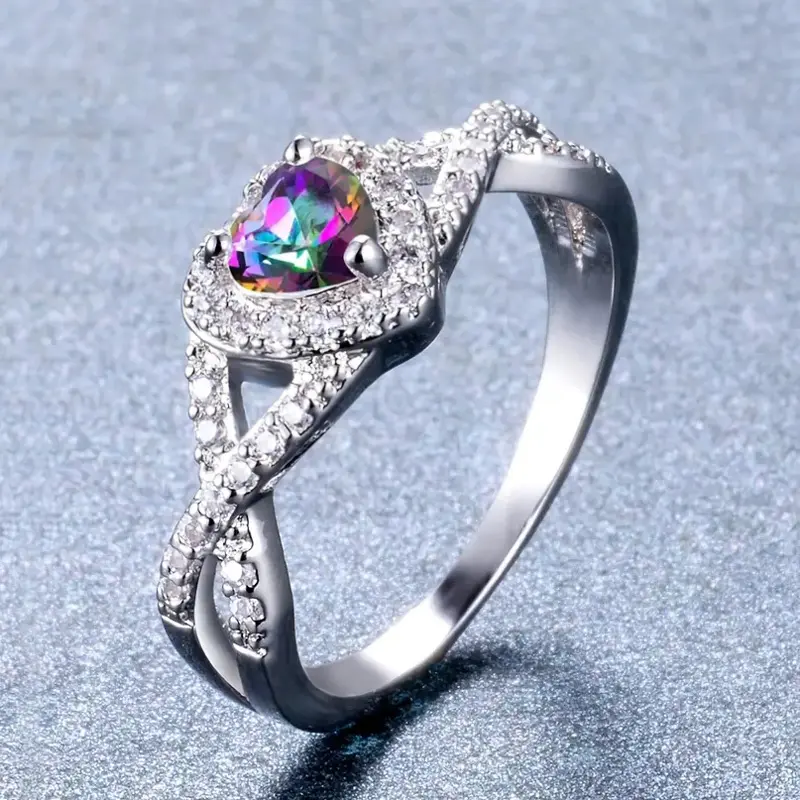Huitan Fashion Women Wedding Band Ring with Bright Zirconia Colorful Chic Crystal Finger Jewelry for Engagement Ceremony Party