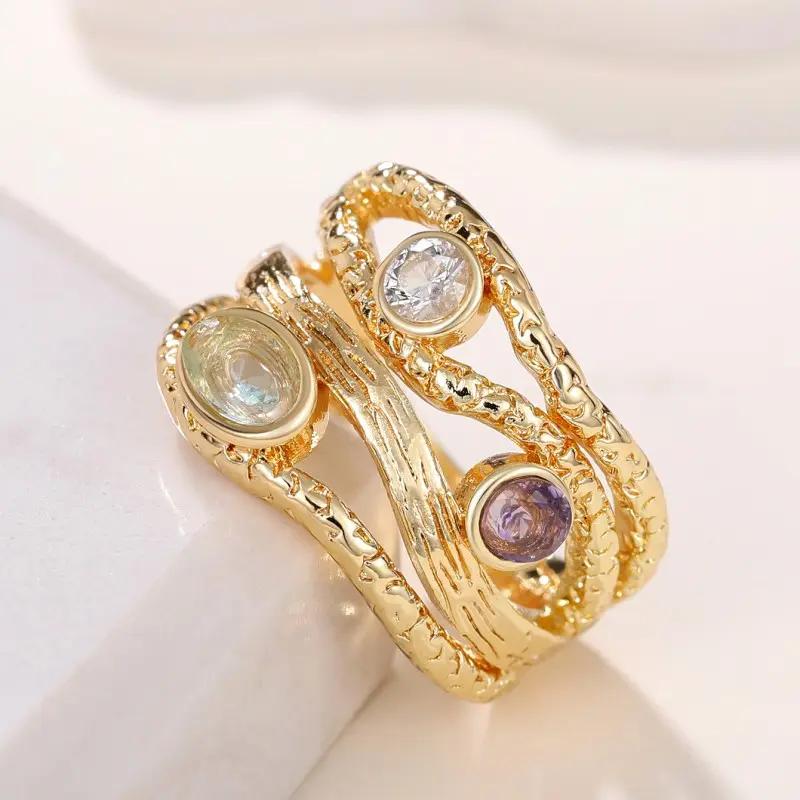 Huitan Special-interested Gold Color Rings with Geometric Colored Stone Newly Designed Women Finger Rings for Party Chic Jewelry