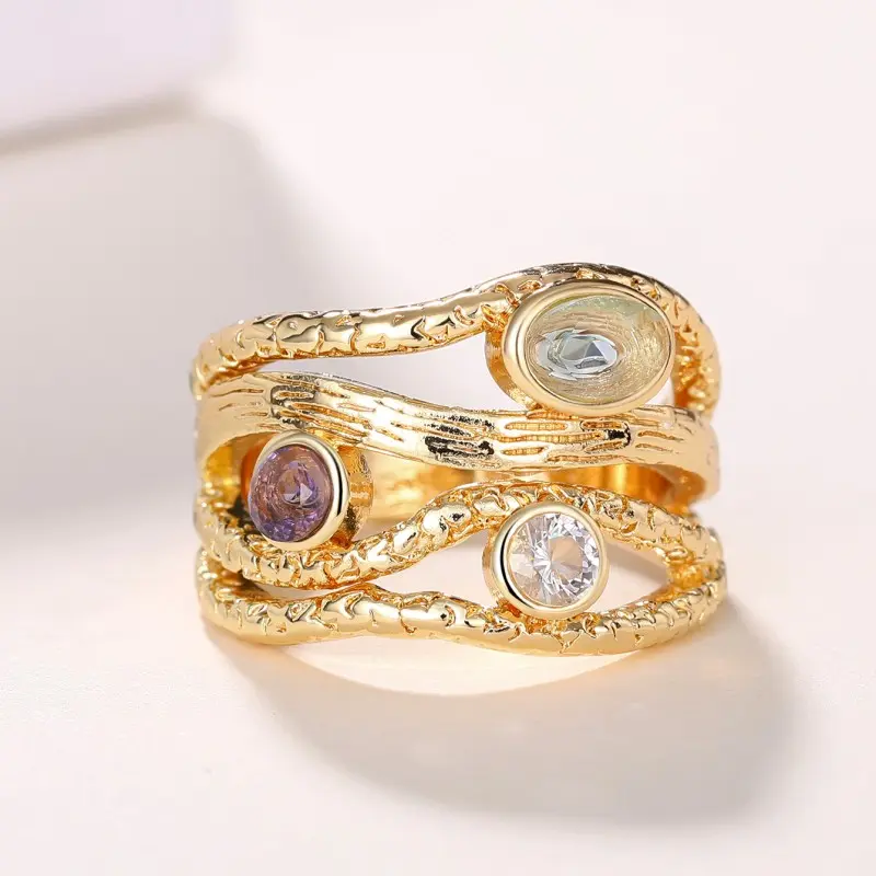 Huitan Special-interested Gold Color Rings with Geometric Colored Stone Newly Designed Women Finger Rings for Party Chic Jewelry