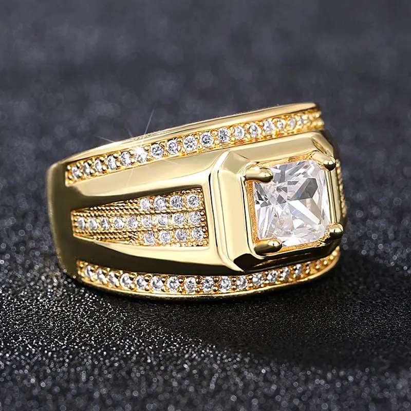 Huitan Luxury Princess Cubic Zirconia Gold Color Wedding Rings for Men Modern Fashion Design Hot Trend Male Jewelry Size 7-12