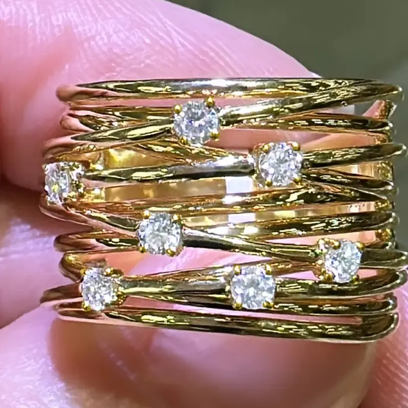 Huitan Women Rings Gold Color Wide Band Cubic Zirconia Multi-layers Rings for Wedding Party Modern Fashion Luxury Female Jewelry