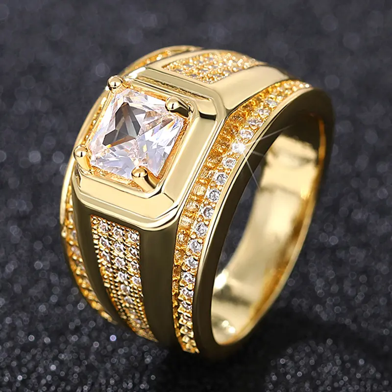 Huitan Luxury Princess Cubic Zirconia Gold Color Wedding Rings for Men Modern Fashion Design Hot Trend Male Jewelry Size 7-12