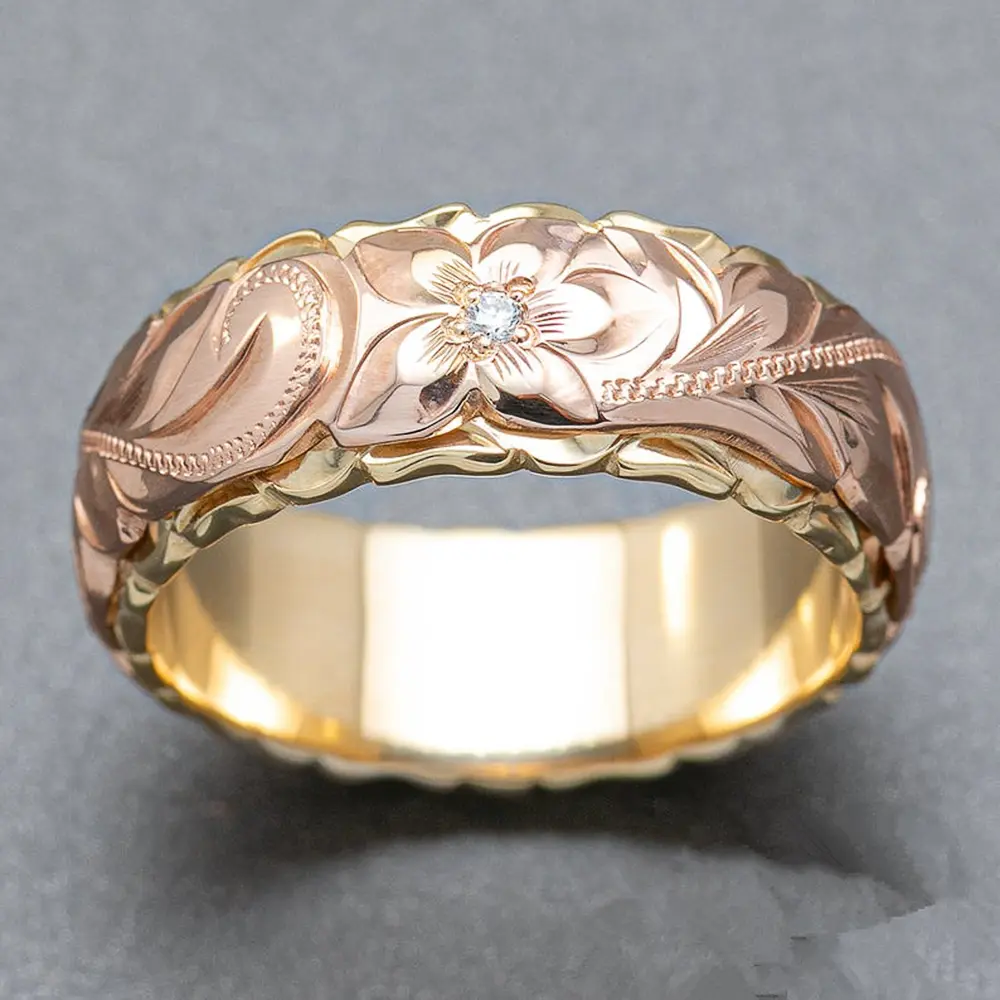 Huitan Women Wedding Bands Jewelry Carved Flower Shape Female Finger Rings Mosaic CZ Stone Fashion Valentines Gift Ring for Love