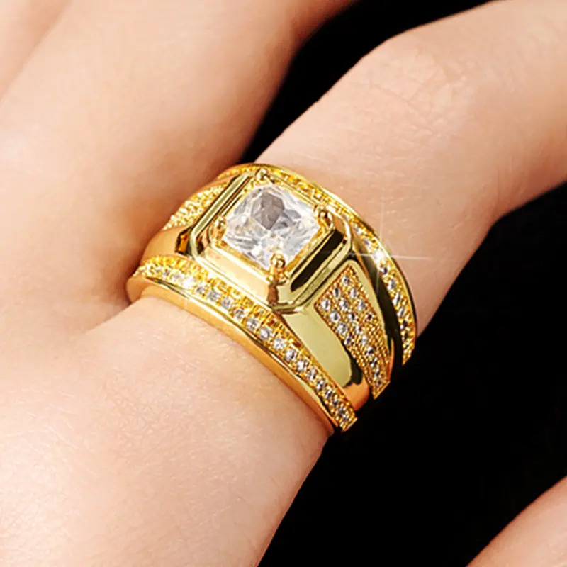 Huitan Luxury Princess Cubic Zirconia Gold Color Wedding Rings for Men Modern Fashion Design Hot Trend Male Jewelry Size 7-12