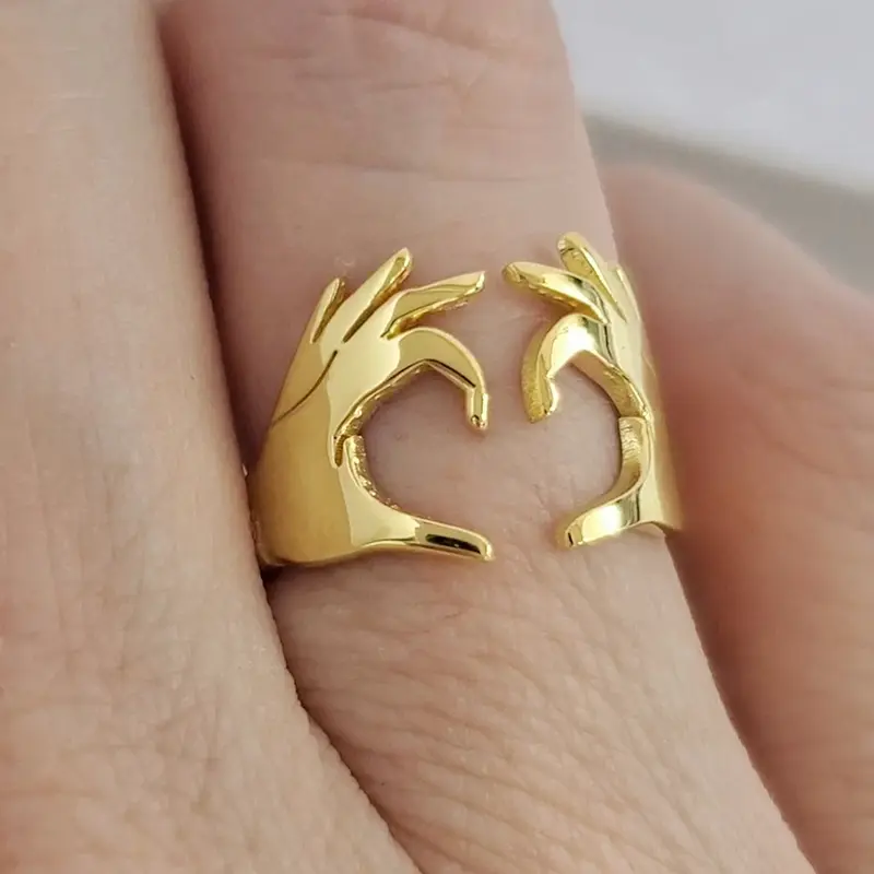 Huitan Double Hand Heart Love Couple Rings Fashionable Adjustable Opening Rings for Women/Men Hug Hands Design Trendy Jewelry