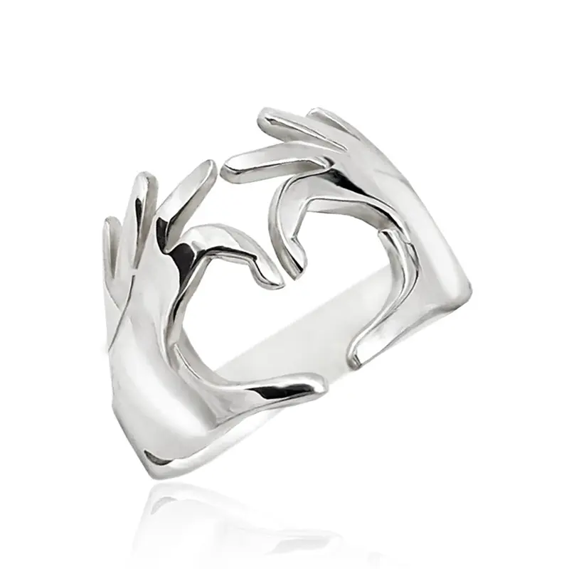 Huitan Double Hand Heart Love Couple Rings Fashionable Adjustable Opening Rings for Women/Men Hug Hands Design Trendy Jewelry