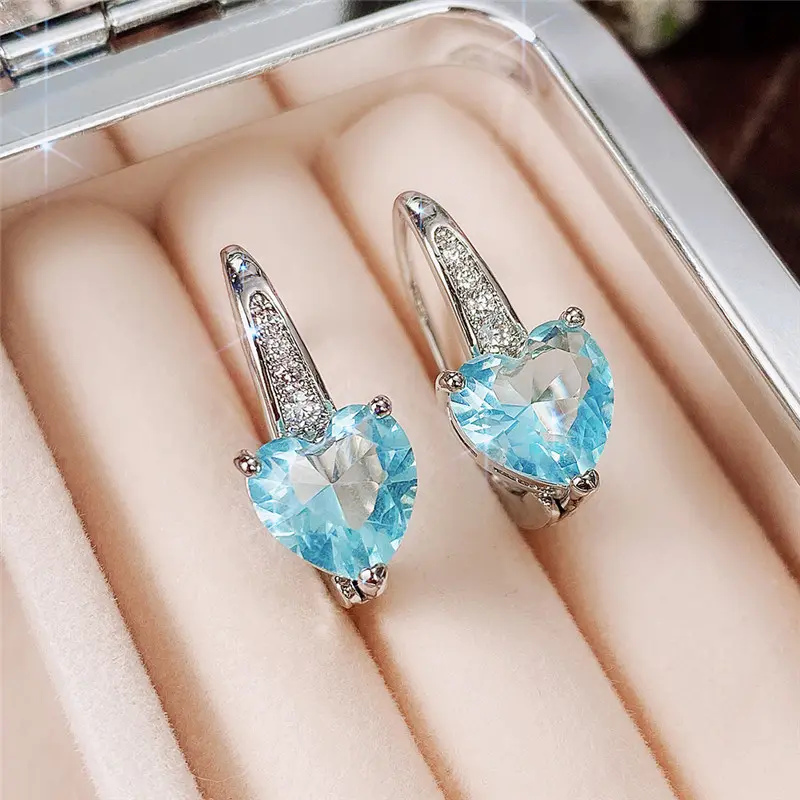 Huitan Gorgeous Blue CZ Heart Drop Earrings Women Engagement Wedding Party Accessories Good Quality Fashion Jewelry Nice Gift