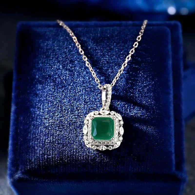 Huitan Noble Lady's Necklace with Square Green CZ Temperament Elegant Pendant Necklace for Women Anniversary Party Trend Jewelry
