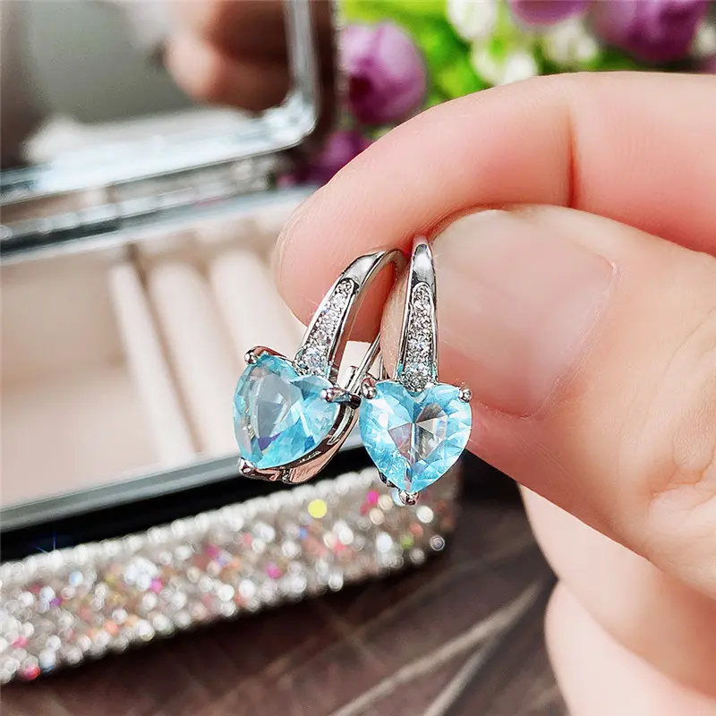 Huitan Gorgeous Blue CZ Heart Drop Earrings Women Engagement Wedding Party Accessories Good Quality Fashion Jewelry Nice Gift
