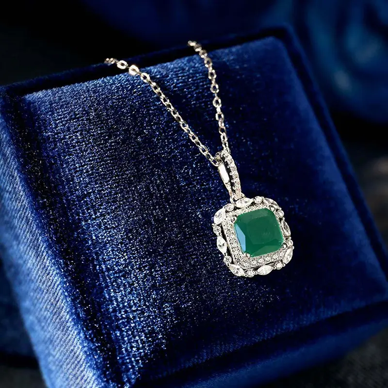Huitan Noble Lady's Necklace with Square Green CZ Temperament Elegant Pendant Necklace for Women Anniversary Party Trend Jewelry