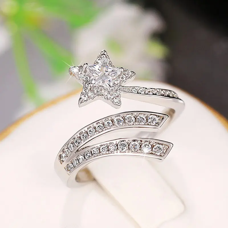 Huitan Bling Bling Star Rings for Women Full with Crystal Cubic Zirconia Resizable Opening Rings Daily Wear Fashionable Jewelry
