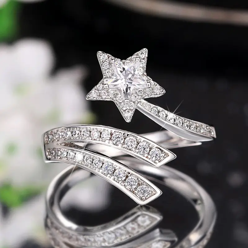 Huitan Bling Bling Star Rings for Women Full with Crystal Cubic Zirconia Resizable Opening Rings Daily Wear Fashionable Jewelry