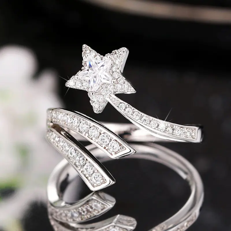 Huitan Bling Bling Star Rings for Women Full with Crystal Cubic Zirconia Resizable Opening Rings Daily Wear Fashionable Jewelry