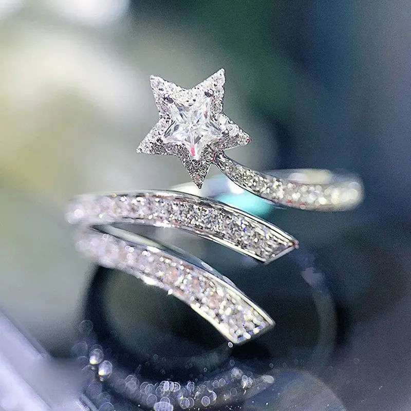 Huitan Bling Bling Star Rings for Women Full with Crystal Cubic Zirconia Resizable Opening Rings Daily Wear Fashionable Jewelry