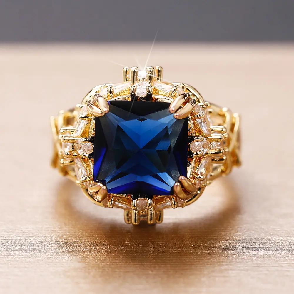 Huitan Luxury Square Blue Cubic Zirconia Gold Color Women Rings Inlaid Brilliant Crystal CZ Gorgeous Lady's Ring Vintage Jewelry