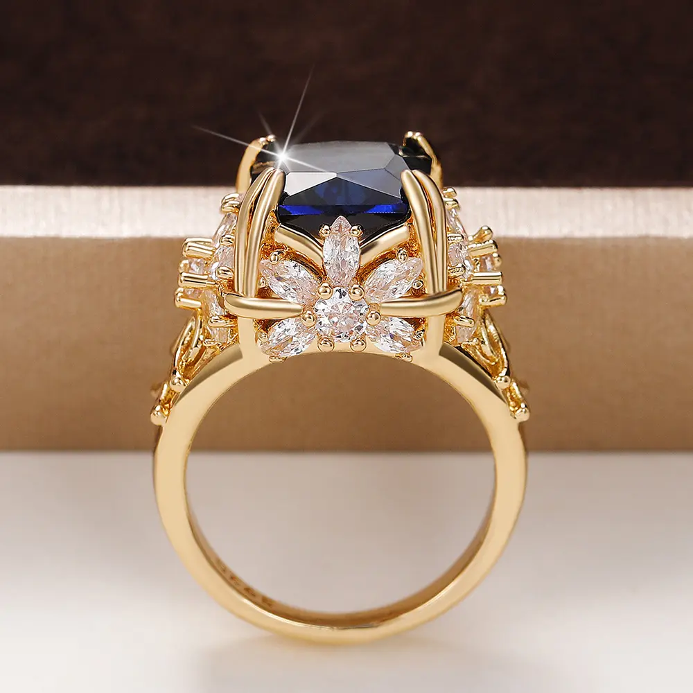 Huitan Luxury Square Blue Cubic Zirconia Gold Color Women Rings Inlaid Brilliant Crystal CZ Gorgeous Lady's Ring Vintage Jewelry