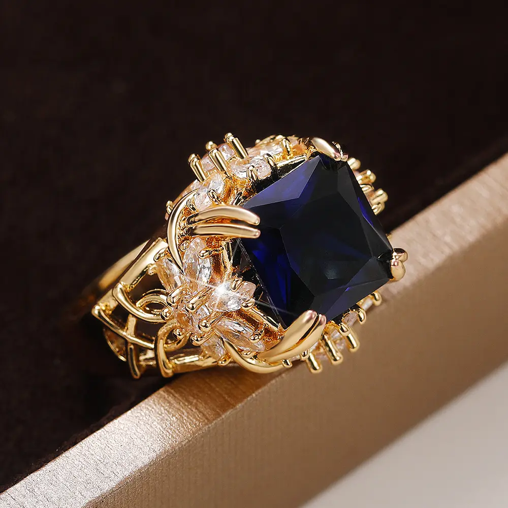Huitan Luxury Square Blue Cubic Zirconia Gold Color Women Rings Inlaid Brilliant Crystal CZ Gorgeous Lady's Ring Vintage Jewelry
