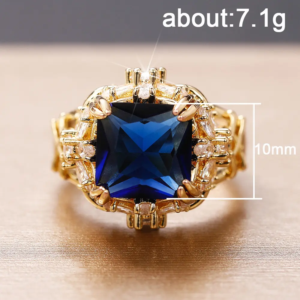 Huitan Luxury Square Blue Cubic Zirconia Gold Color Women Rings Inlaid Brilliant Crystal CZ Gorgeous Lady's Ring Vintage Jewelry
