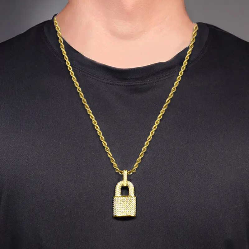 Huitan Hip Hop Lock Pendant Necklace for Women Men Full with Bling Bling CZ Statement Rock Neck Accessories Female Male Jewelry