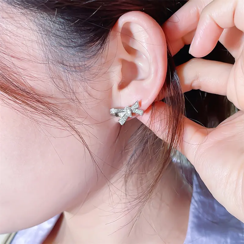Huitan Fancy Bow Earrings for Women Ear Stud Silver Color Temperament Girls Earrings Gifts Party Daily Wear Statement Jewelry