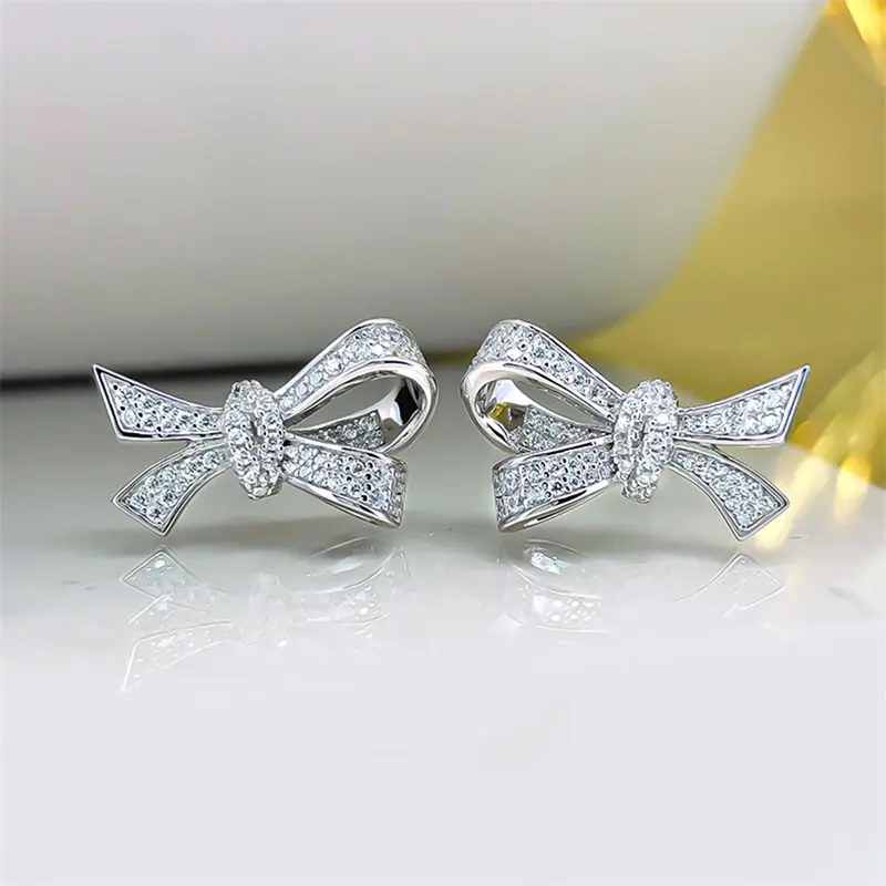 Huitan Fancy Bow Earrings for Women Ear Stud Silver Color Temperament Girls Earrings Gifts Party Daily Wear Statement Jewelry