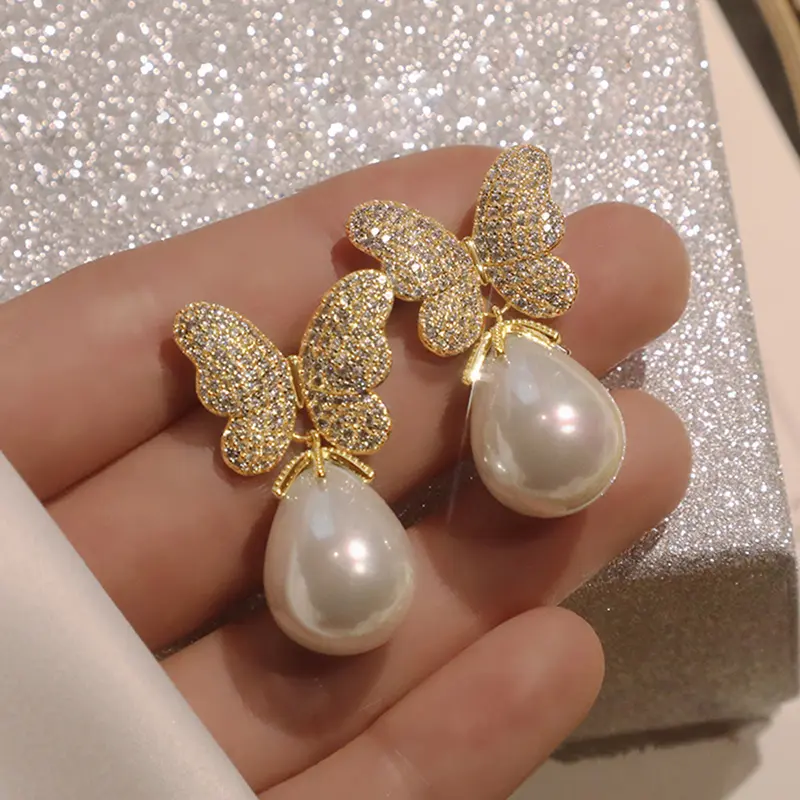 Huitan Trendy Butterfly Imitation Pearl Women Earrings Aesthetic Accessories for Wedding Party Silver Color/Gold Color Jewelry