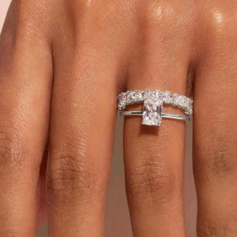 Huitan Trendy 2Pcs/Set Wedding Rings for Women Bright Geometric Cubic Zirconia Finger Accessories Double Stacked Fashion Jewelry