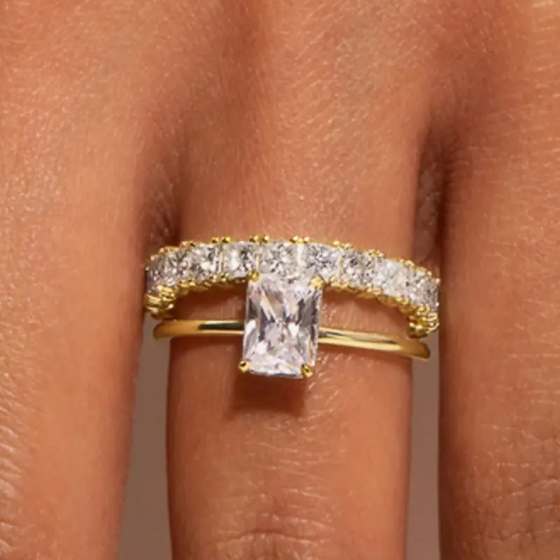 Huitan Trendy 2Pcs/Set Wedding Rings for Women Bright Geometric Cubic Zirconia Finger Accessories Double Stacked Fashion Jewelry