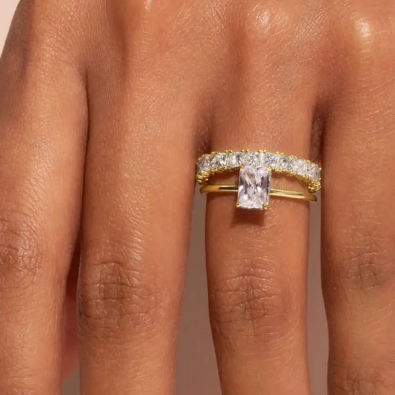 Huitan Trendy 2Pcs/Set Wedding Rings for Women Bright Geometric Cubic Zirconia Finger Accessories Double Stacked Fashion Jewelry