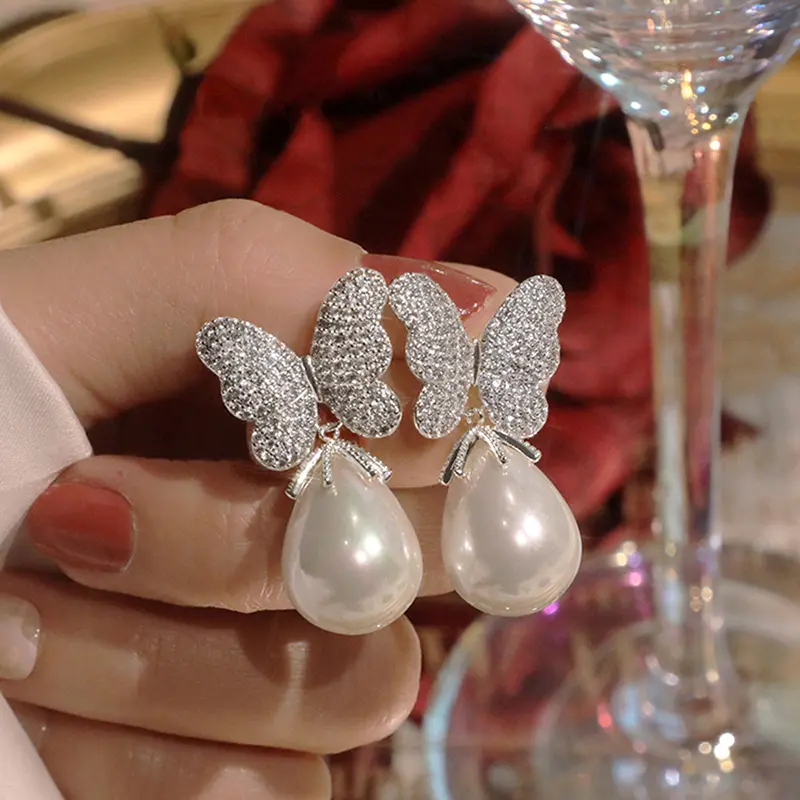 Huitan Trendy Butterfly Imitation Pearl Women Earrings Aesthetic Accessories for Wedding Party Silver Color/Gold Color Jewelry