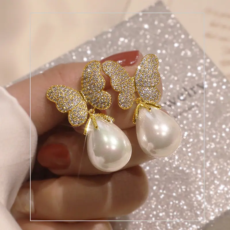 Huitan Trendy Butterfly Imitation Pearl Women Earrings Aesthetic Accessories for Wedding Party Silver Color/Gold Color Jewelry