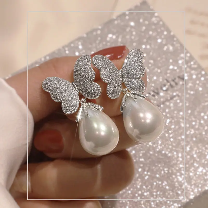 Huitan Trendy Butterfly Imitation Pearl Women Earrings Aesthetic Accessories for Wedding Party Silver Color/Gold Color Jewelry