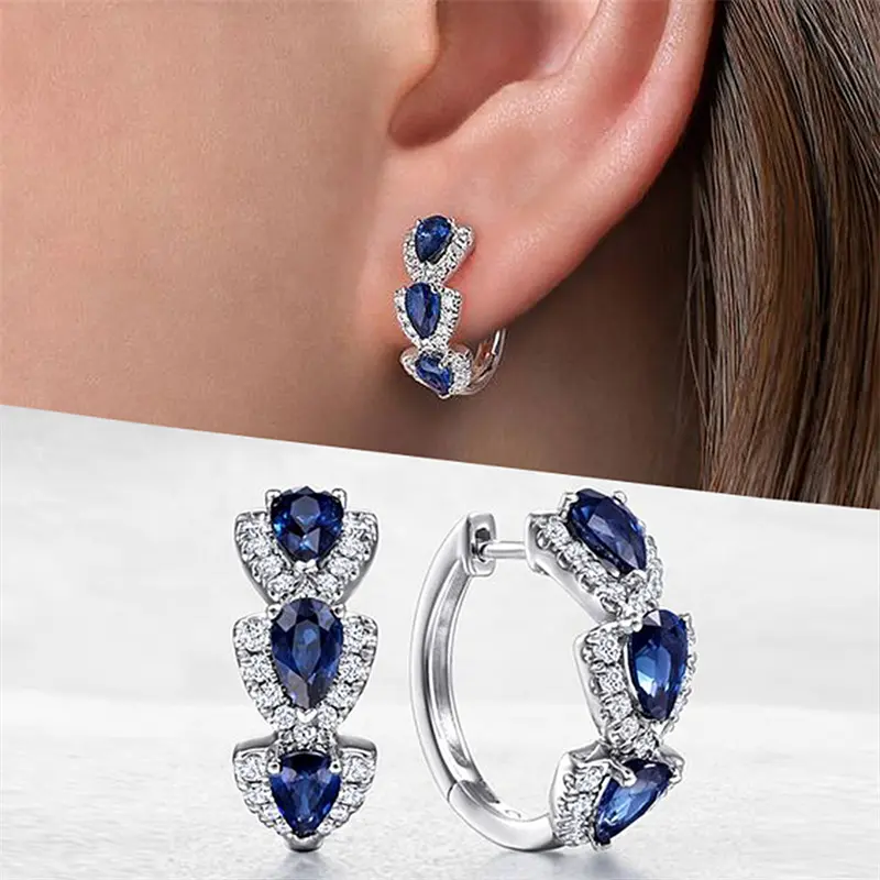 Huitan Trendy Blue/White Cubic Zirconia Hoop Earrings New Fashion Jewelry for Women Wedding Party Temperament Lady's Accessories