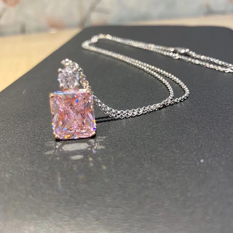 Huitan Two-tone Pendant Necklace with Pink Cubic Zirconia Sweet Women's Neck Accessories Wedding Party Luxury Fashion Jewelry