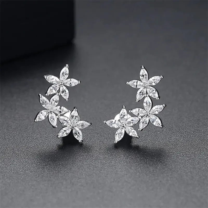 Huitan Aesthetic Flower Earrings for Women Paved Dazzling Cubic Zirconia Exquisite Ear Piercing Stud Accessories Fashion Jewelry