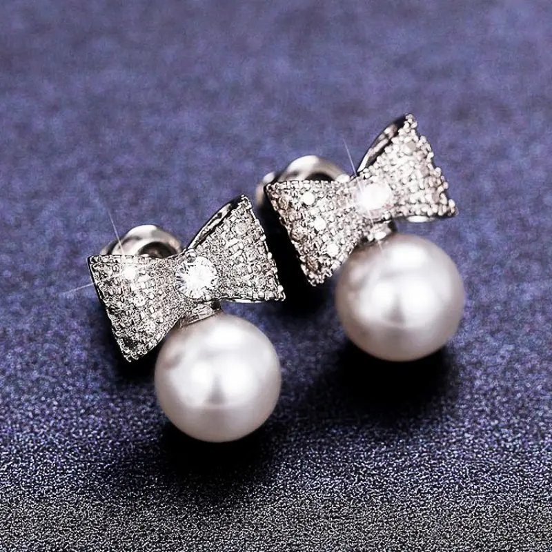Huitan Dainty Women's Stud Earrings Bow Shape with Simulated Pearl Fashion Contracted Ear Accessories Wedding Statement Jewelry
